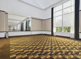 A photo of the lounge before, shown is an empty room with pattern carpet and tan and white walls